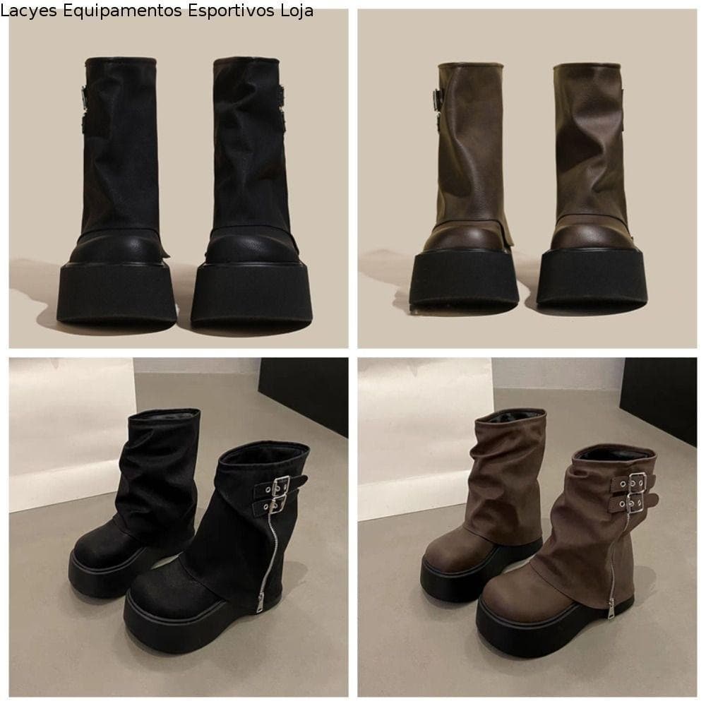 LACYES Botas Femininas De Motociclista , Novo Design Plataforma Altas Até O Joelho , De Cano Médio Com Fivela De Cinto H