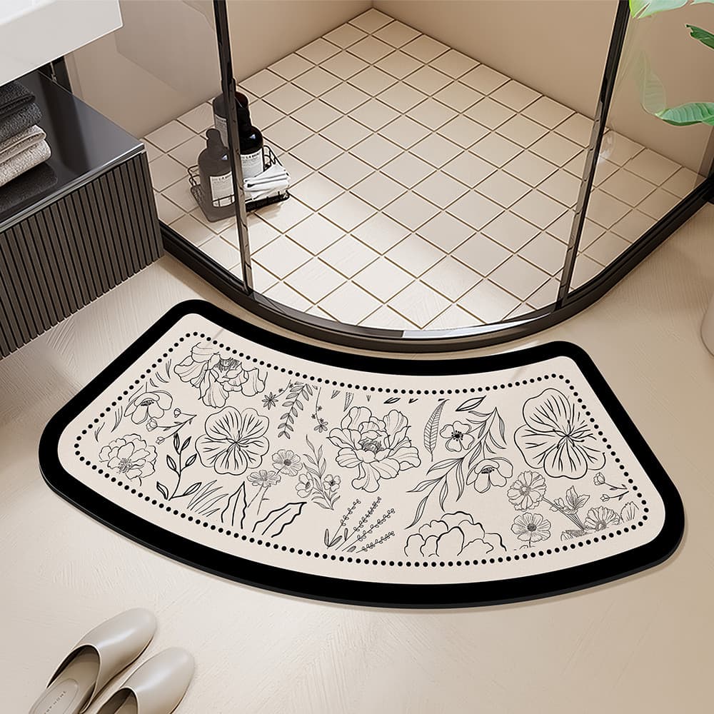 Tapete curvo para banheiro, em forma de leque, lama de diatomáceas, absorvente, tapete para pés, chuveiro, porta, arco,