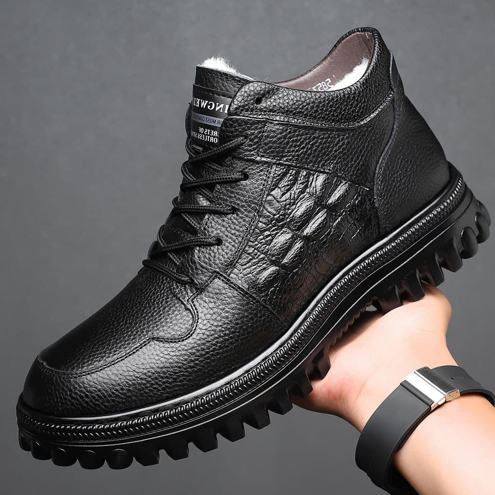 Sapatos de algodão masculino camada superior forro de lã de inverno sapatos engrossados lã de couro genuíno à prova de f