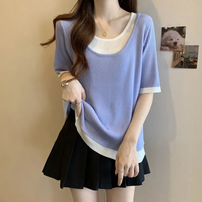 Tamanho grande rosqueado de comprimento médio manga curta camiseta feminina verão novo estilo solto mais magro olhar cap
