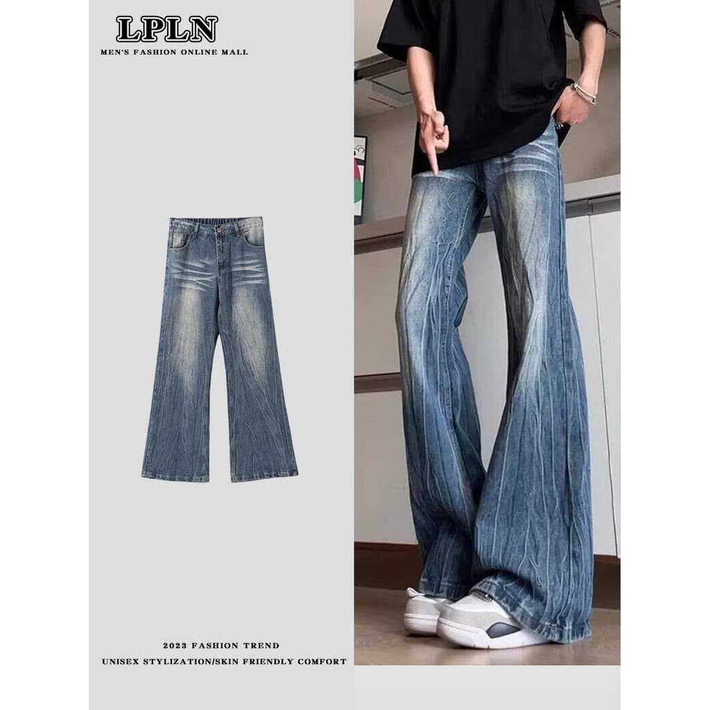 LPLN relâmpago padrão Micro-Lap Jeans masculino novo estilo lavado Retro solto em linha reta mais magro olhar alto rua P