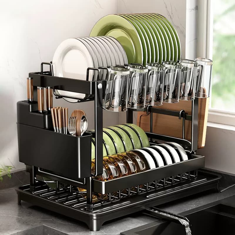 Escorredor de Louça 2 Andares Inox com Bandeja Coletora e Suportes – Organizador de Cozinha Compacta