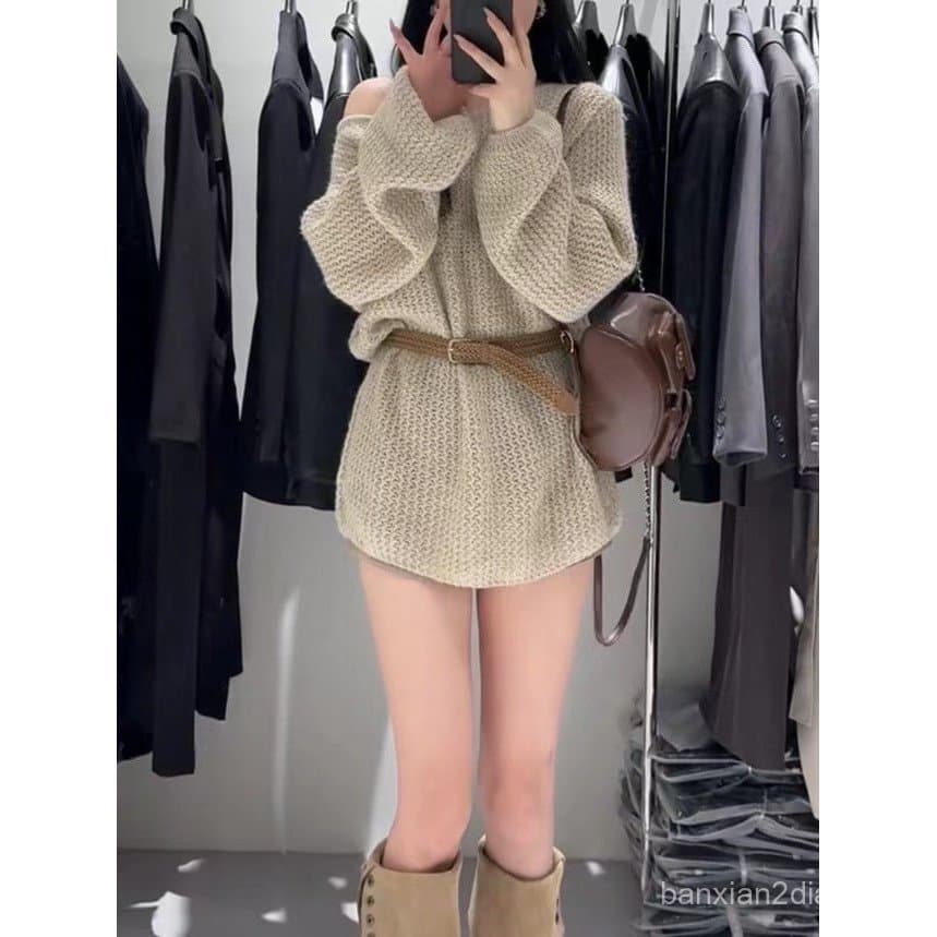 Francês oco camisola de manga comprida feminina 2025 outono inverno novo estilo solto Casual meados de comprimento topo