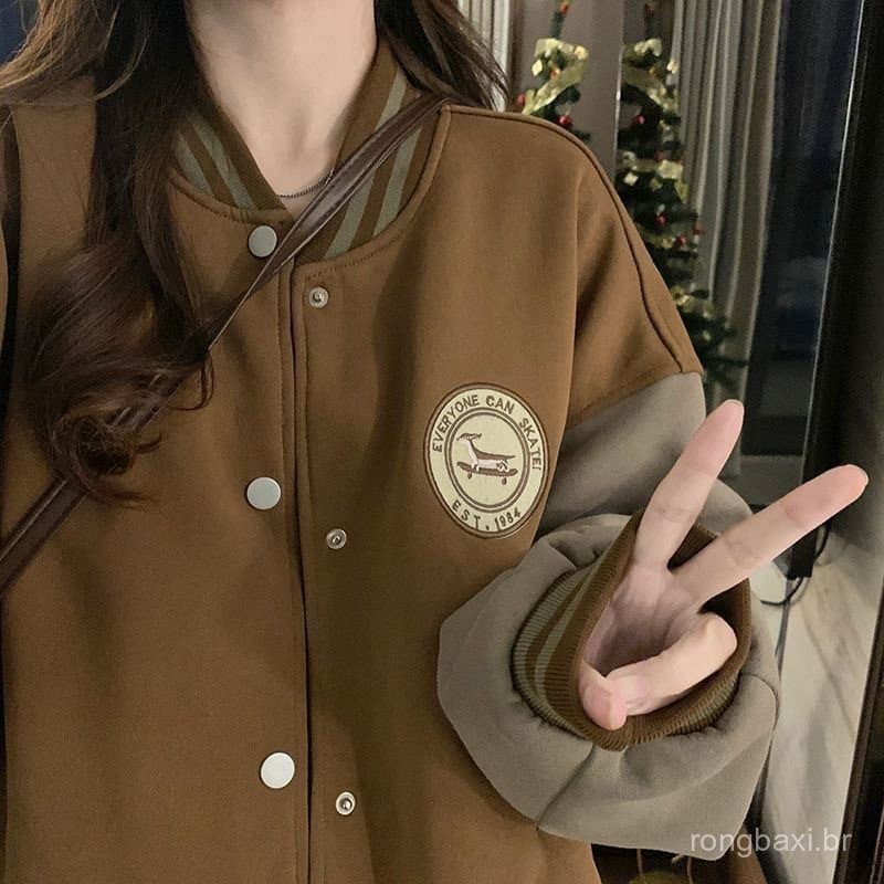 Estilo preguiçoso uniforme de beisebol jaqueta feminina outono inverno forro de lã engrossado Retro solto Casual Cardiga
