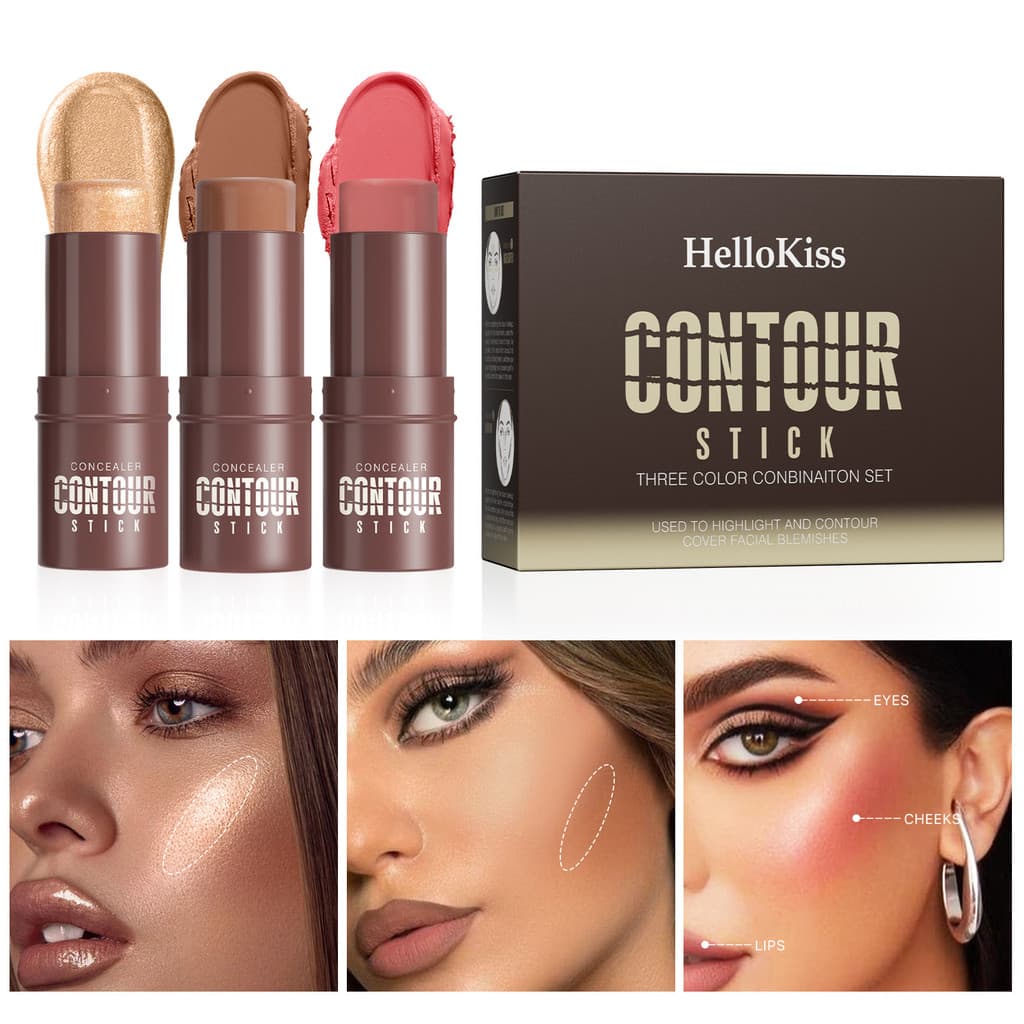 [Estoque pronto] HelloKiss Contouring Stick Set Destaque Corretivo Blush Stick Modifica Sombra de Contorno Deitado Silkw