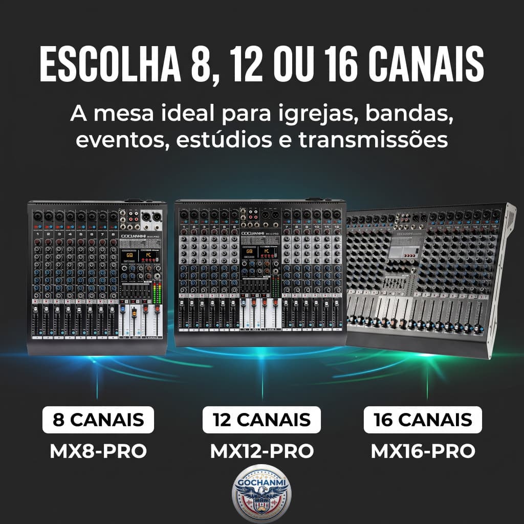 Mixer de Áudio GOCHANMI MX-PRO 8 12 ou 16 Canais Phantom Power +48V USB Bluetooth MP3