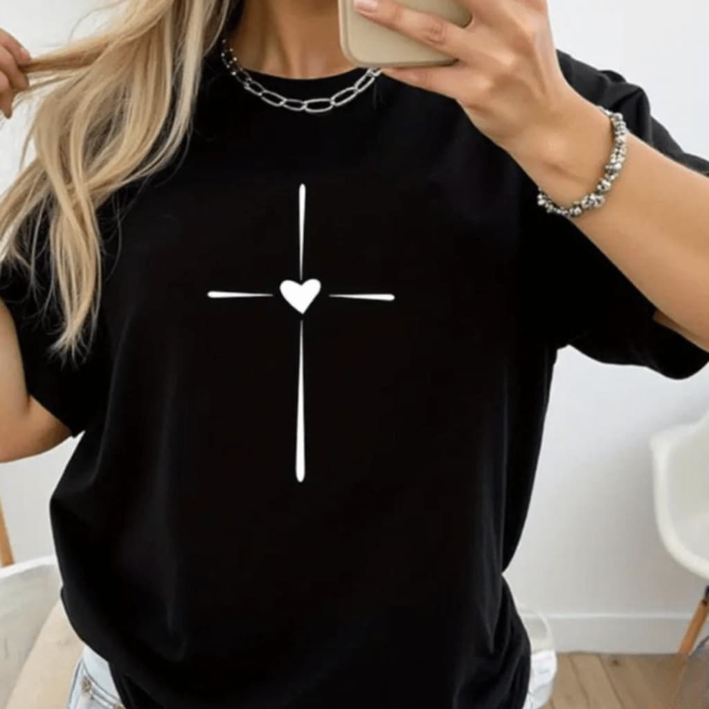 Camisa Camiseta T-shirt Feminina Cruz Coração Religião Católica Uso Diário Minimalista Streetwear