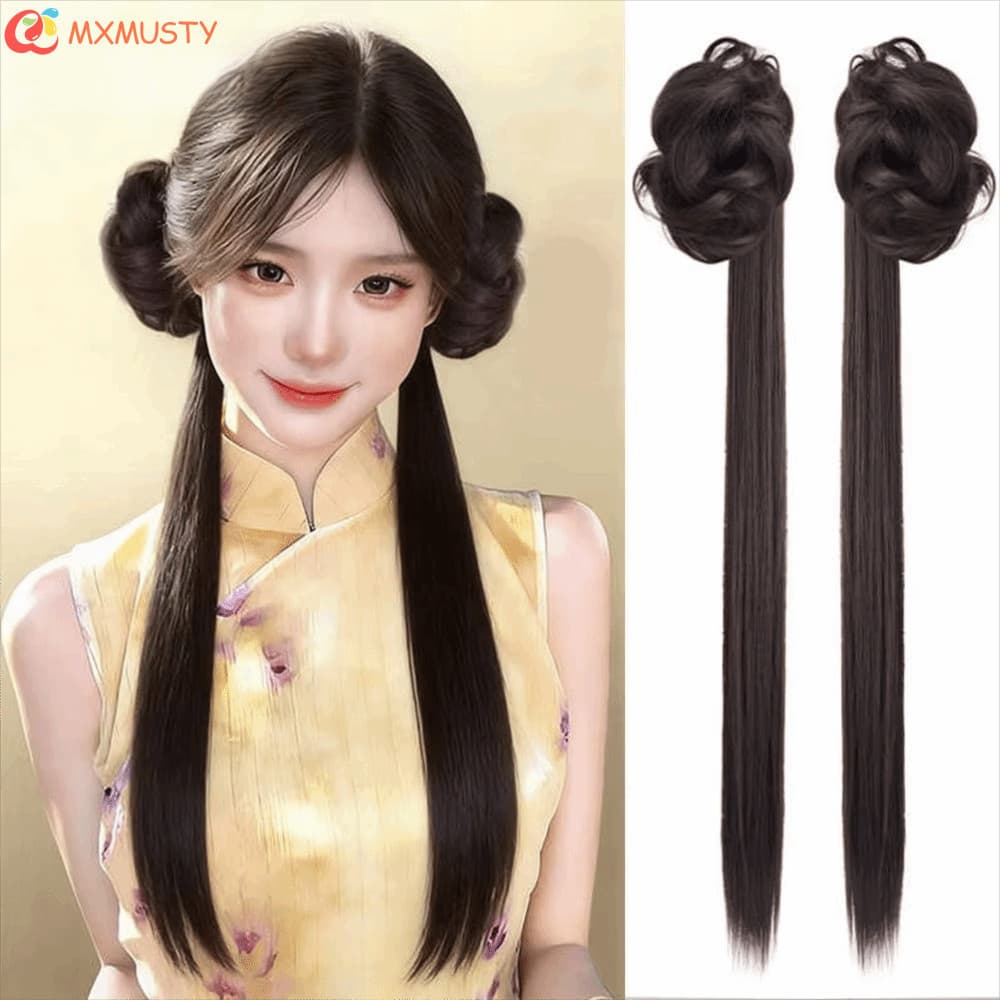 MXMUSTYZA 2 Peças De Rabo De Cavalo Longo E Reto , Clipe De Garra Sintética Bagunçado Coque Peruca , Novo Estilo Chinês