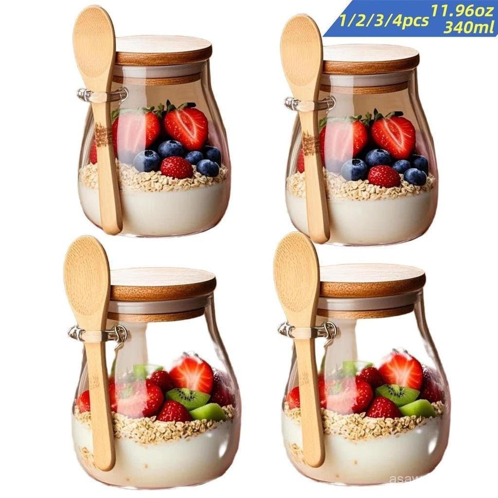 Pote de Vidro para Armazenamento com Tampa e Colher, 1/2/3/4 Unidades, Pote para Aveia Noturna com Adesivos e Caneta, Re