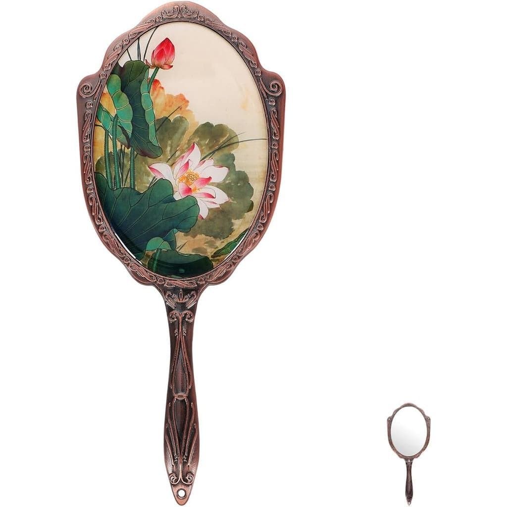 Espelho de Maquiagem Portátil Vintage para Mulheres, 7,08 Polegadas, Espelho Compacto com Alça de Design Floral Rotativa
