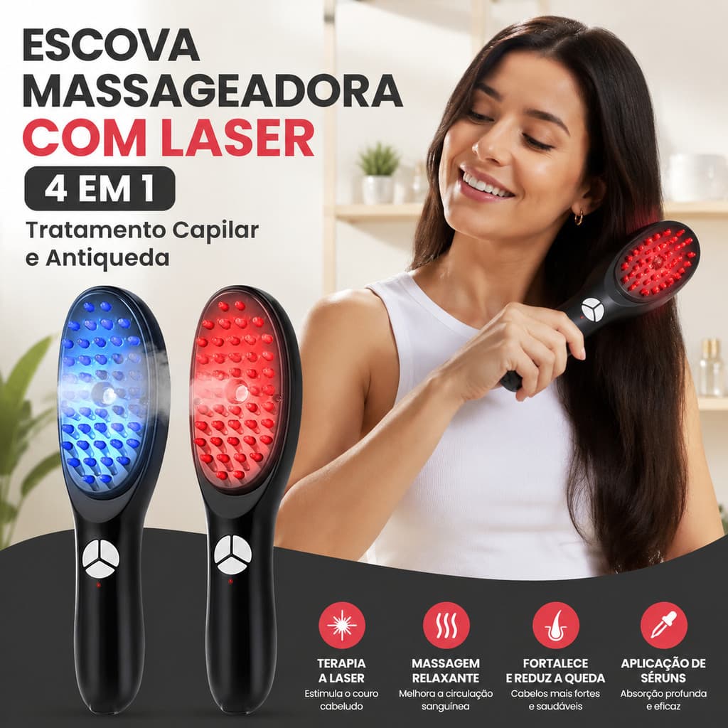 Escova Massageadora com Laser 4 em 1 – Tratamento Capilar e Antiqueda
