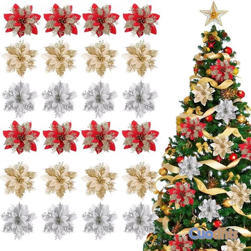 10pcs Flores De Natal Glitter Ouro Vermelho Brilhante Cabeça De Flor Ornamento Decorações Para Casa Navidad De Ano Novo