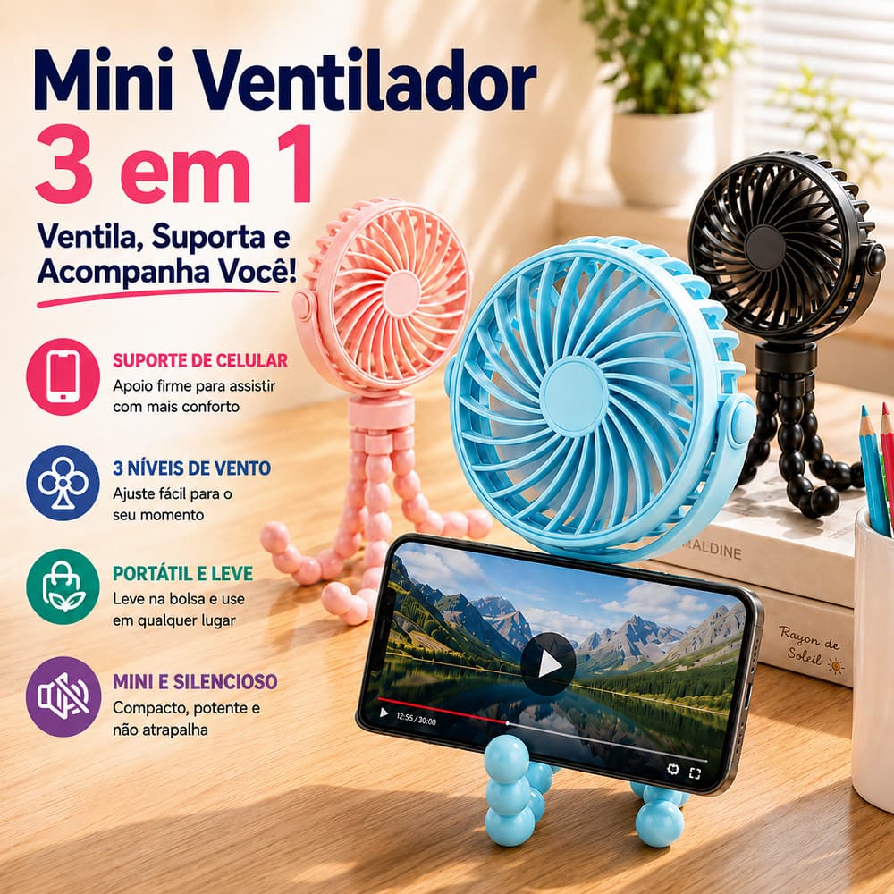 Ventilador de Carrinho de Bebê USB Recarregável Portátil e Dobrável com Design Seguro de Polvo para Resfriamento Suave