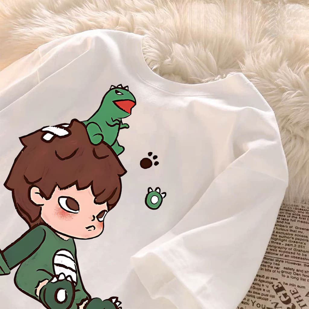 Camisa Feminina Algodão Menino Com Dinossauro Na Cabeça Camiseta Moda Verão Premium