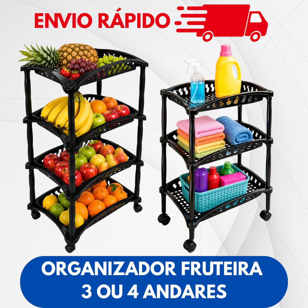 Fruteira de Chão Multiuso com Rodinhas 3 e 4 Andares Organizador Vertical Preto