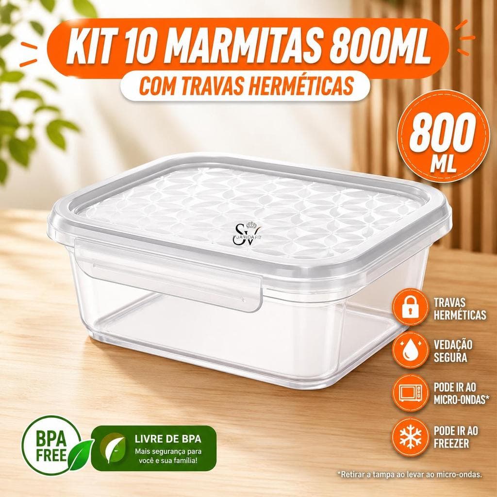 Kit 5/10 Potes Marmitas 800ml com Travas Laterais Herméticas | Freezer Micro-ondas Organizador de Alimentos