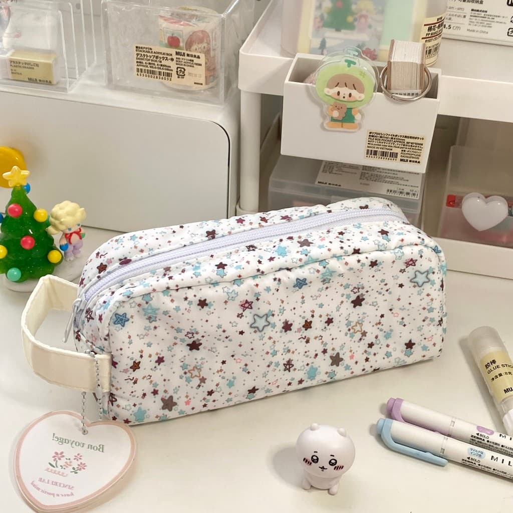 Mint Star Estojo portátil para lápis, alto valor, grande capacidade, impresso, quadrado, papelaria, armazenamento, estoj