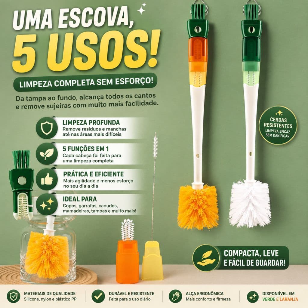 Escova Multifuncional 5 em 1 para Copos Garrafas Canudos Mamadeiras Limpeza Profunda Prática e Fácil