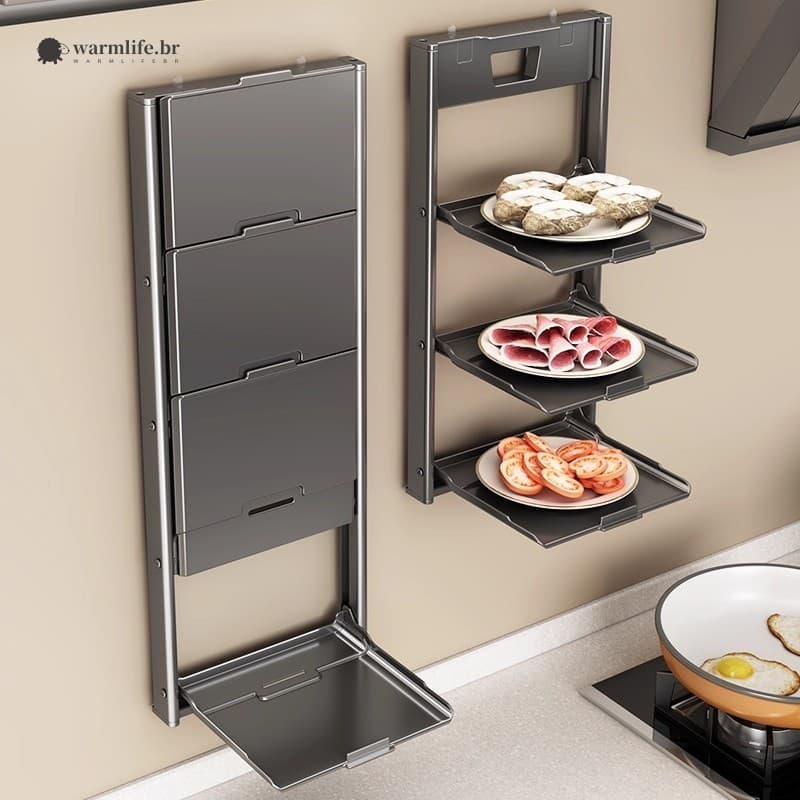 Rack De Armazenamento De Cozinha Dobrável Montado Na Parede-Organizador De Preparação De Alimentos Com Ventosa Multicama