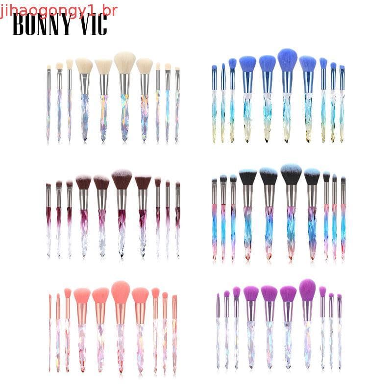 Conjunto de Pincéis de Maquiagem de Cristal Bonnie BV10 Peças com Cabo Transparente em Forma de Diamante, Pincel para So