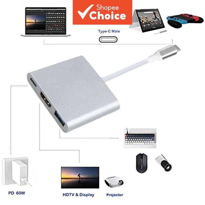 Hub USB C 3 em 1 4K HD HDMI Compatível PD Carregador Divisor Adaptador Tipo-C para Conector de Telefone Laptop PC