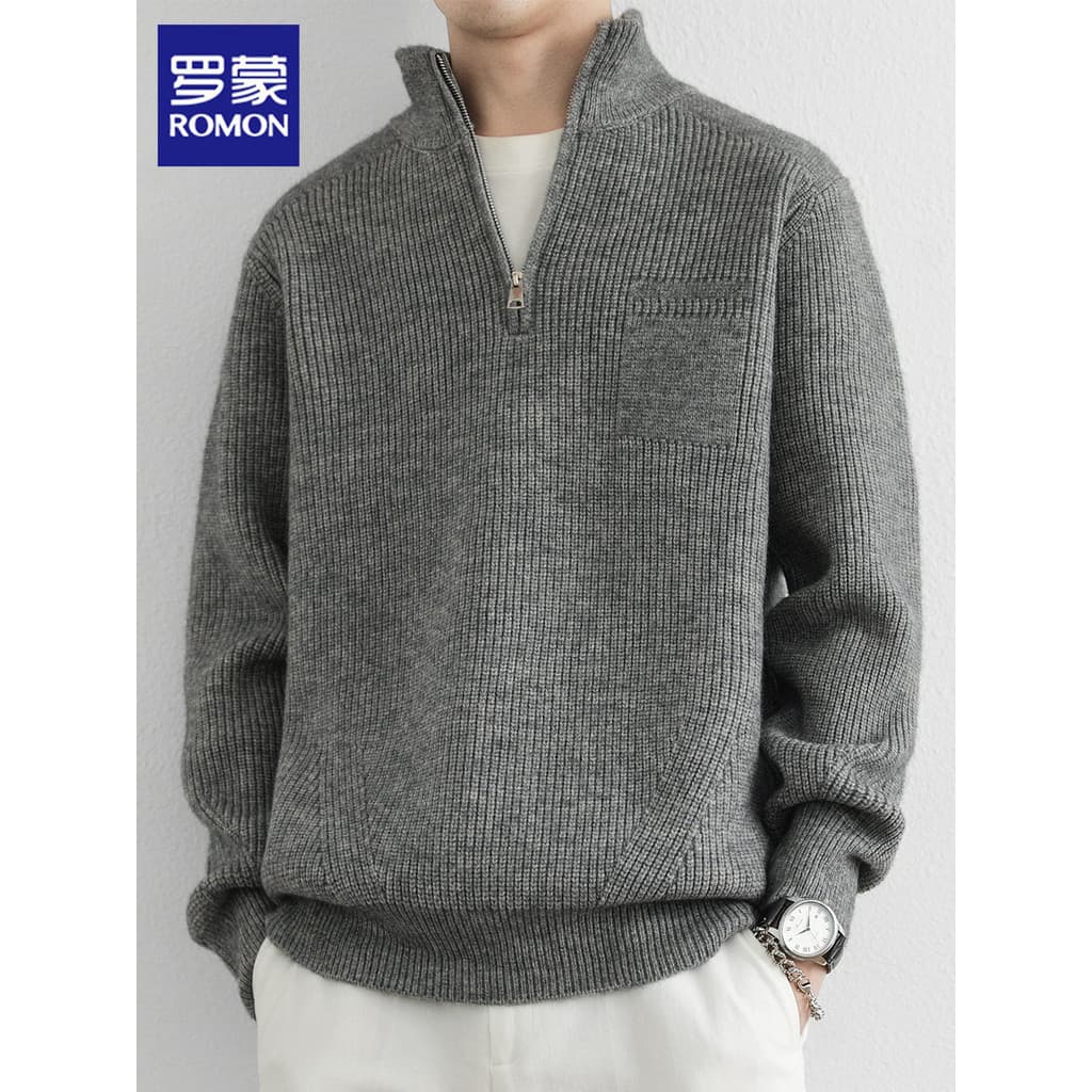 Lomon meio zíper gola alta camisola masculina primavera novo estilo camisola quente solta Casual cinza malhas roupas mas