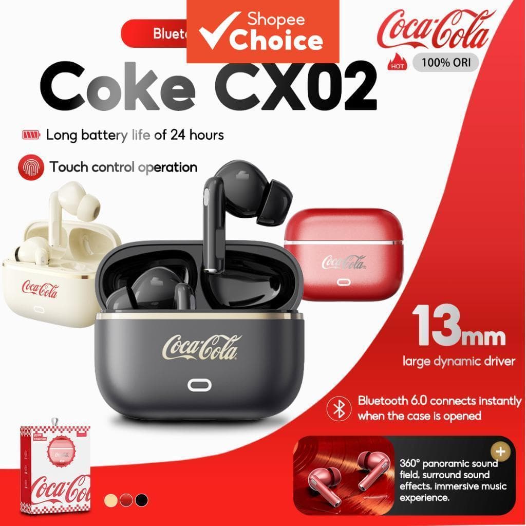 Fones de ouvido Coca-Cola CX02, headset Bluetooth sem fio com microfone, som surround 360°, leve, confortável e