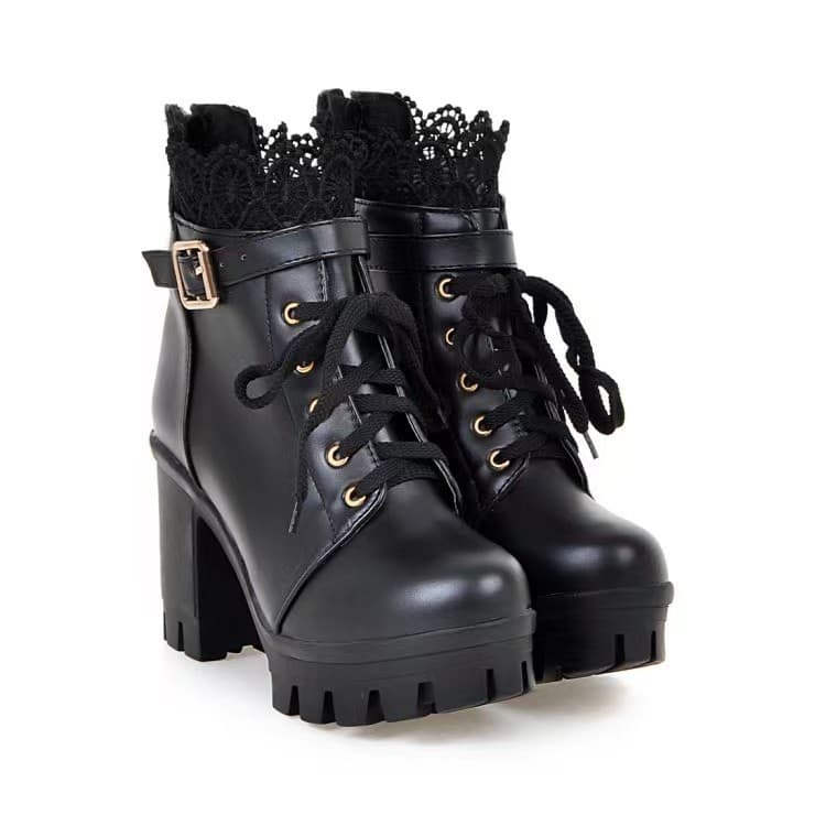 Botas curtas de outono e inverno, tamanho grande, salto alto, salto grosso, acabamento em renda, com cadarço, zíper tras