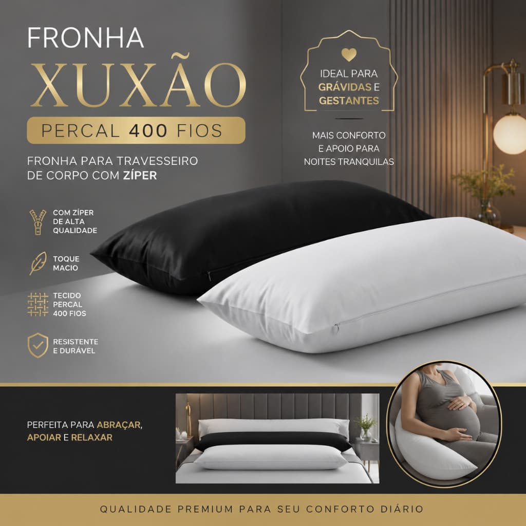 Par de Fronha Xuxão, 2 Peças Percal 400fios, Fronha Travesseiro de Corpo c/ Zíper, Grávida,Gestante