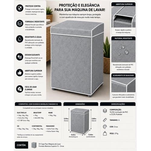 Capa De Máquina De Lavar Tamanho G até 15kg Resiliente Impermeável Proteção Total