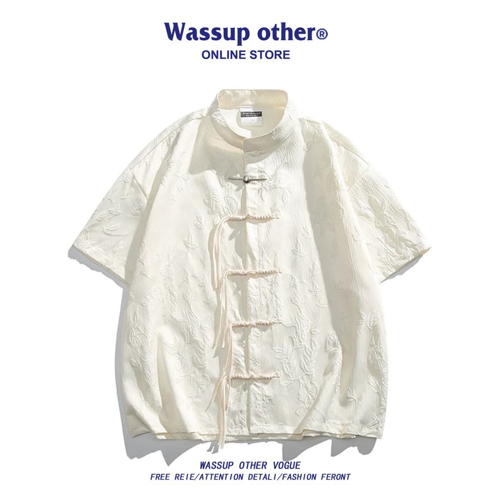 WASSUP OUTRO Novo Estilo Chinês Estilo Chinês Camisa de Manga Curta Homens Verão Fino Casual Tang Terno Camisa Jaqueta M