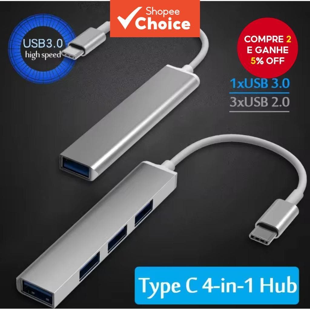 Hub USB 3.0 de 4 portas 5 Gbps divisor de alta velocidade Tipo-C para acessórios de PC e notebook