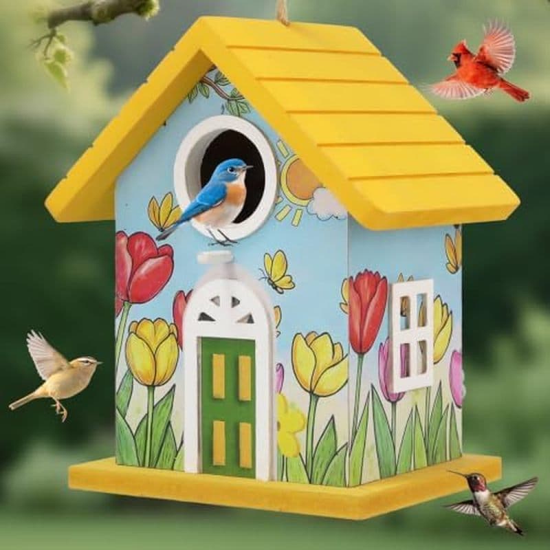 Casas De Pássaros De Madeira Casa Para Fora Amarela Atividades Ao Ar Livre , Tulipas Pintadas À Mão Jardim Pássaro Azul