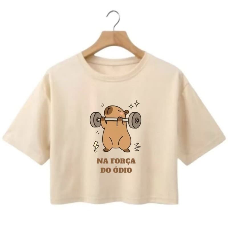 Cropped Feminino Algodão Estampado Capivara Academia Manga Curta Confortável