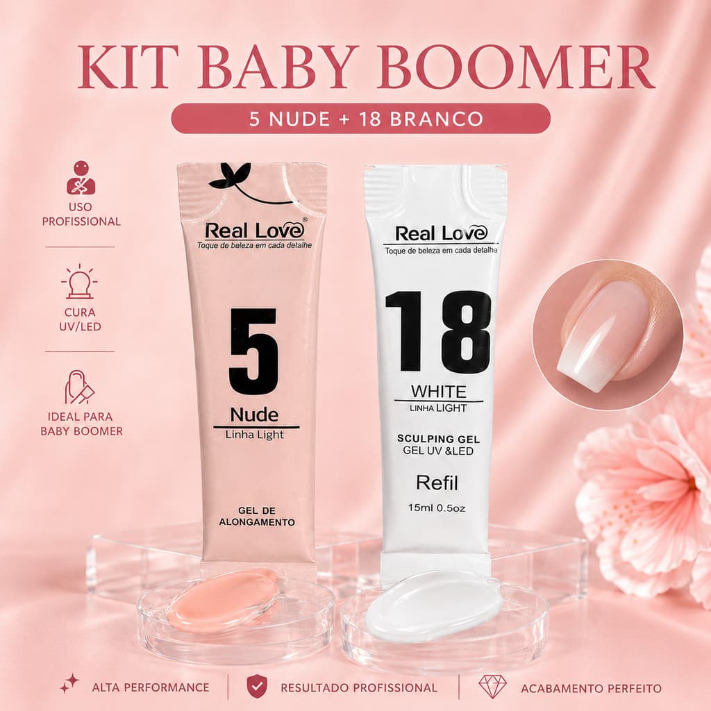 Kit Baby Boomer Gel de Alongamento Real Love 5 Nude + 18 Branco Refil 15ml UV/LED