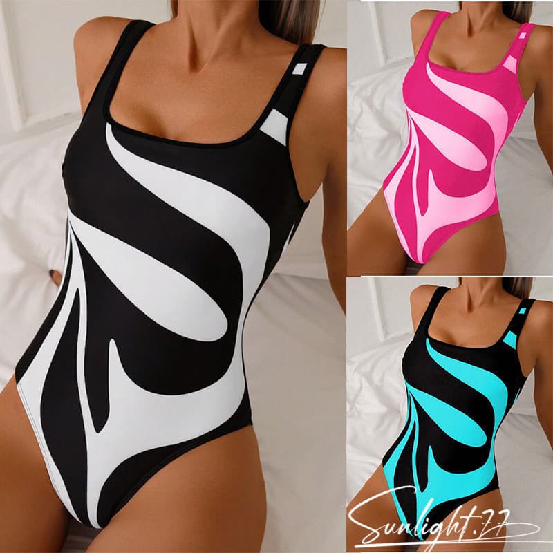 Maiô Elegante Feminino de Uma Peça, Estampa em Blocos de Cores Preto e Branco, Moda Casual para Praia e Piscina