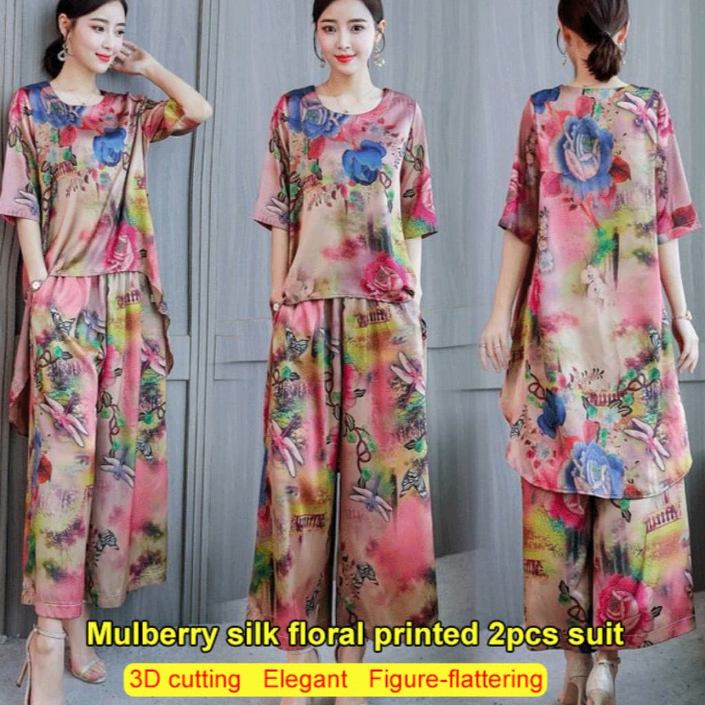 【Tecido Leve】【Estilo Étnico】Mulberry silk vintage floral printed 2pcs suit Conjunto Feminino Largo/Conjunto de Verão/Mod
