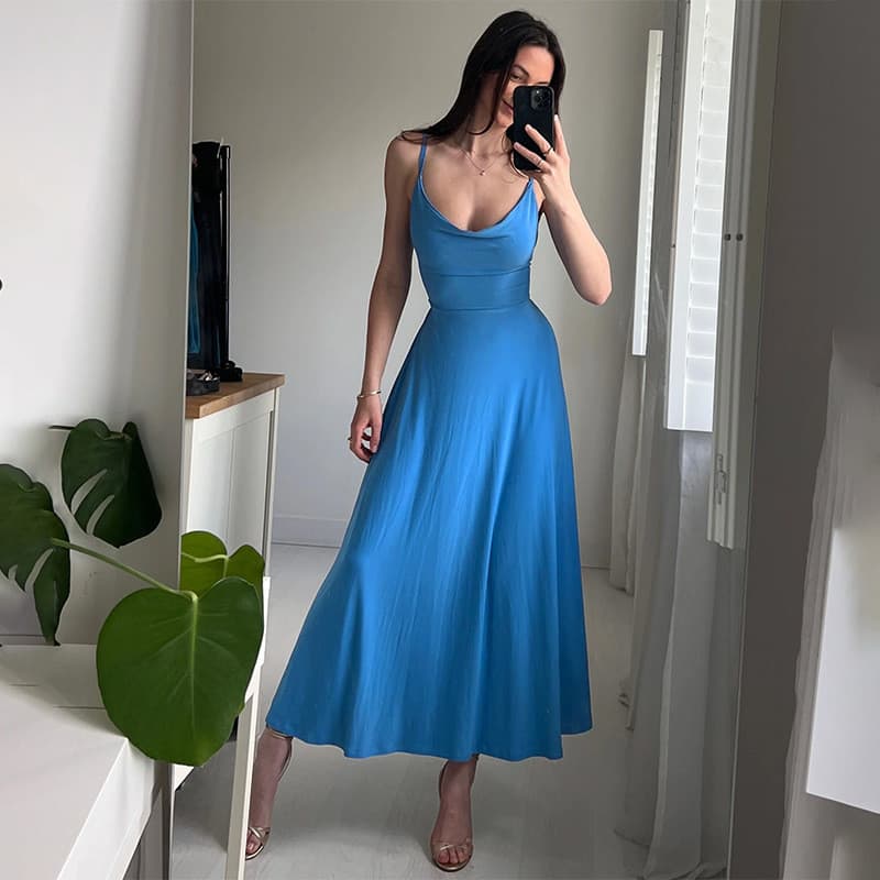 Vestido Feminino Elegante Com Gola Halter E Alça Espaguete , Maxi Slim Fit , Festa De Verão , Férias Noite , Roupas Mult