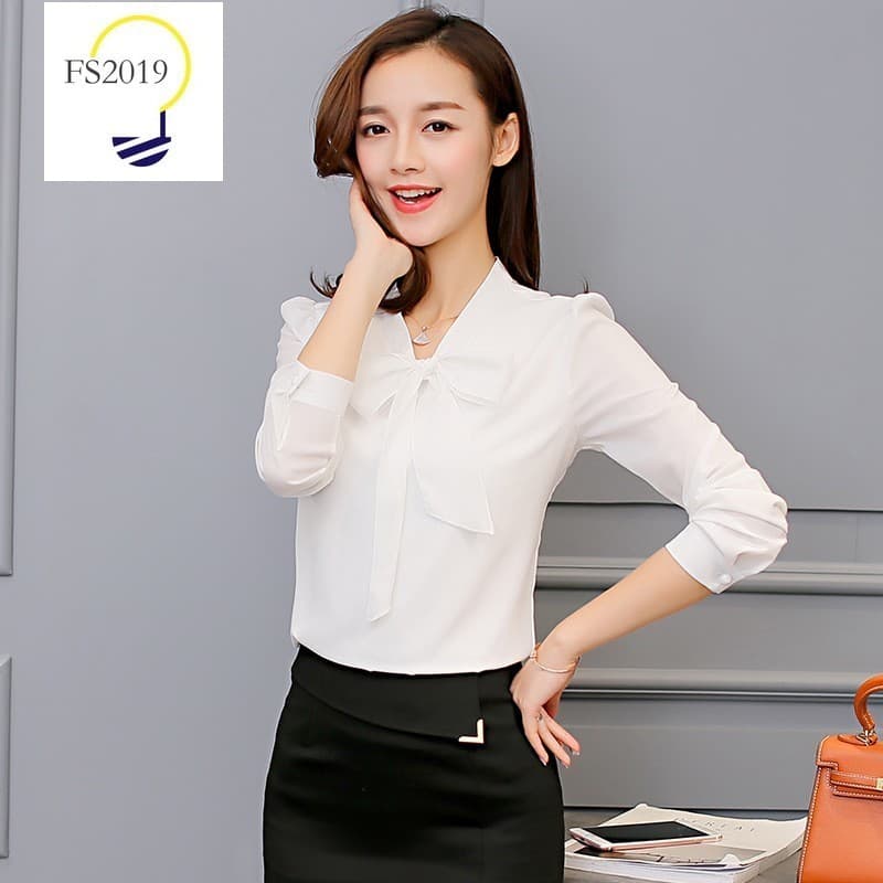 Nova Camisa Coreana De Chiffon Com Laço , Feminina De Manga Comprida , Blusa Branca