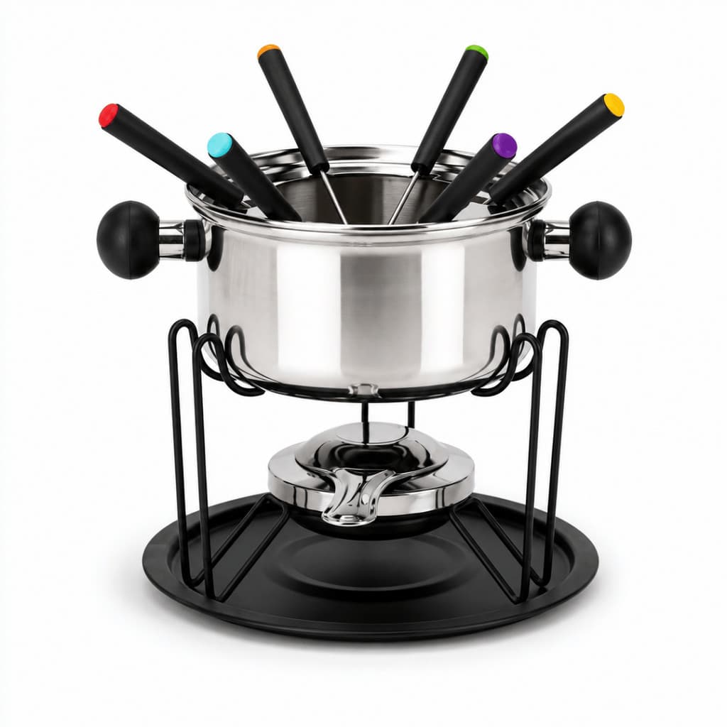 Kit Conjunto Aparelho Fondue Completo 11 Peça Inox Panela Fogareiro Garfo Colorido Base Ferro Esmaltado Queijo Chocolate