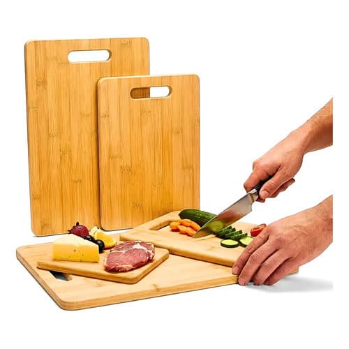 Kit 3 Tábua Cozinha Gourmet Antimofo Alça Corte Carne Frios Lisa Bambu