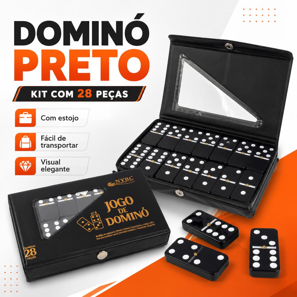 Jogo Dominó de Osso Preto Profissional com Estojo Pedras Pretas 28 peças
