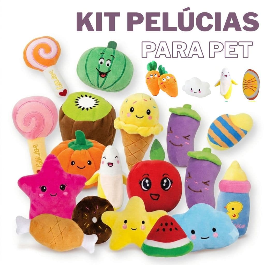 Kit Brinquedo Pelúcia para Cachorro e Gato Mordedor com Apito Resistente Antiestresse
