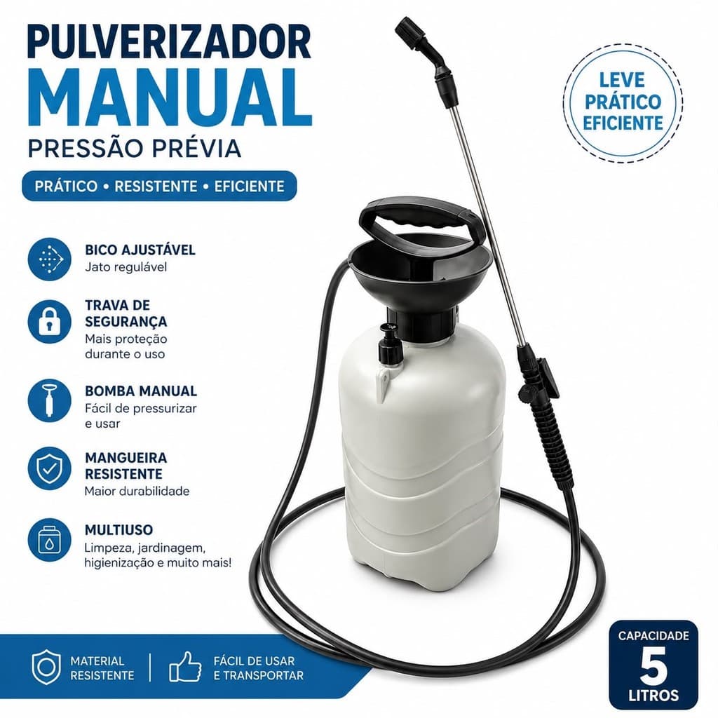 Pulverizador Borrifador 5 Litros Com Compressão Prévia Jato Regulável Manual Jardim