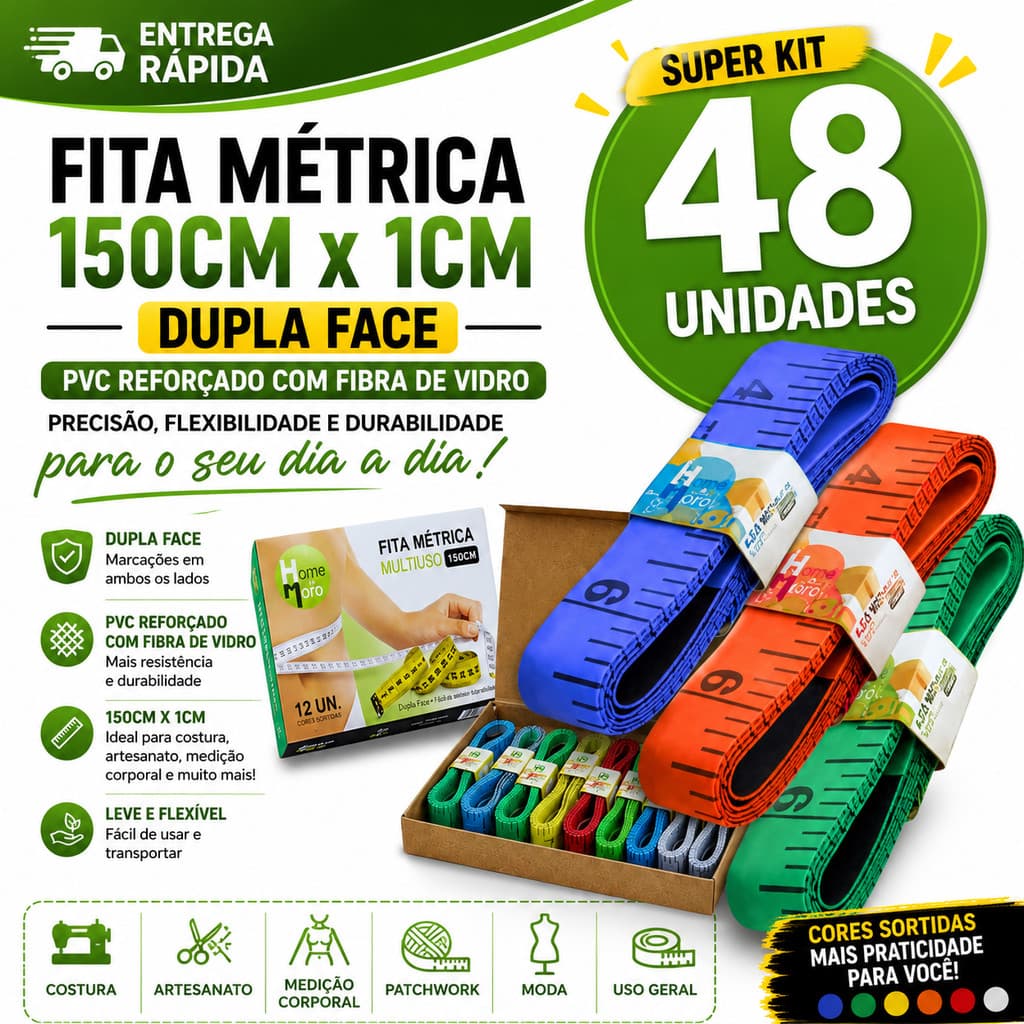 KIT 48 Fita Métrica Flexível 150cm Costura Medidas Corporais Patchwork Artesanato Modelagem  Academia Dupla Face