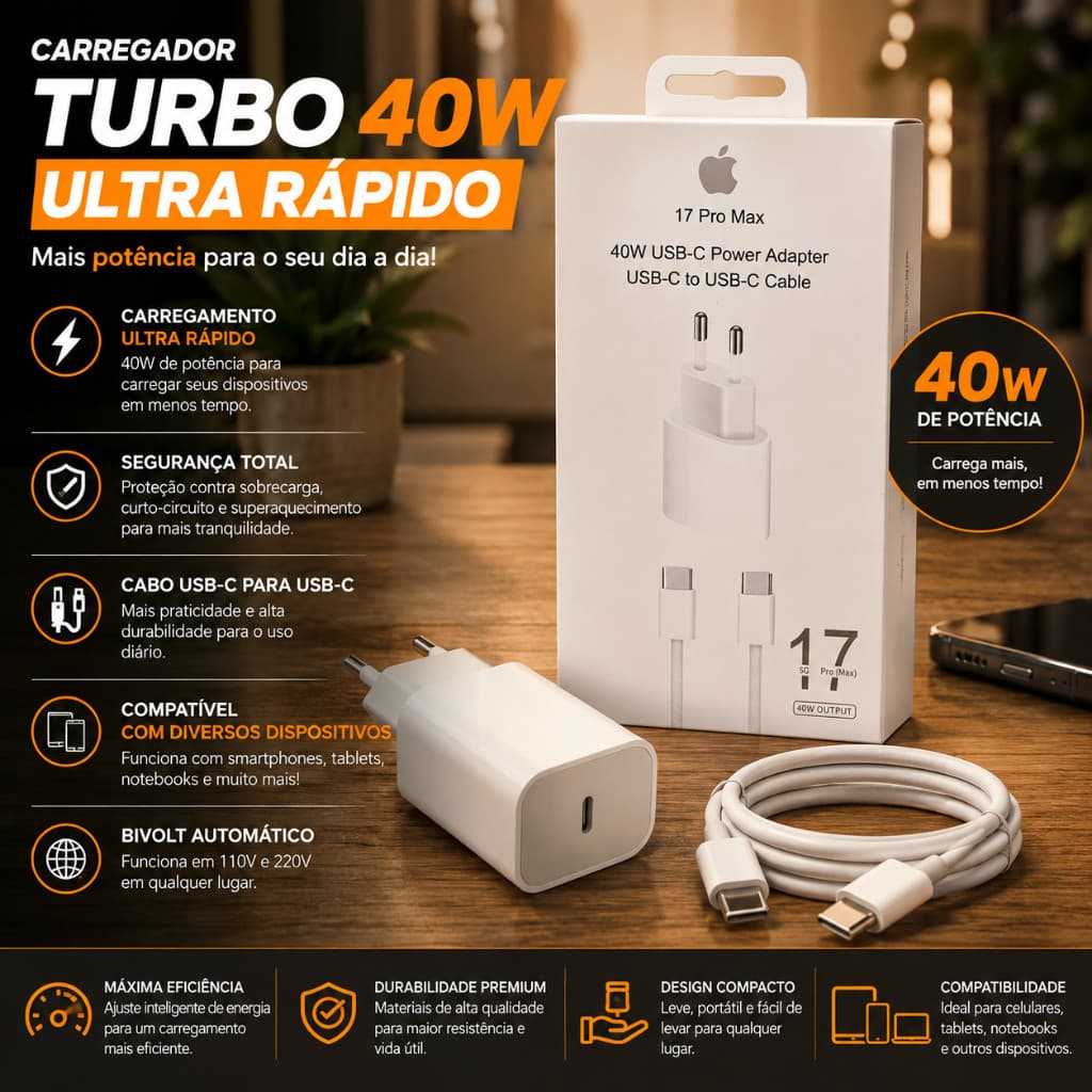 [PREMIUM] KIT Carregador USB-C 40W Compatível Com IPhone 15 16 17 Plus Pro Max Cabo Tipo C Trançado Reforçado
