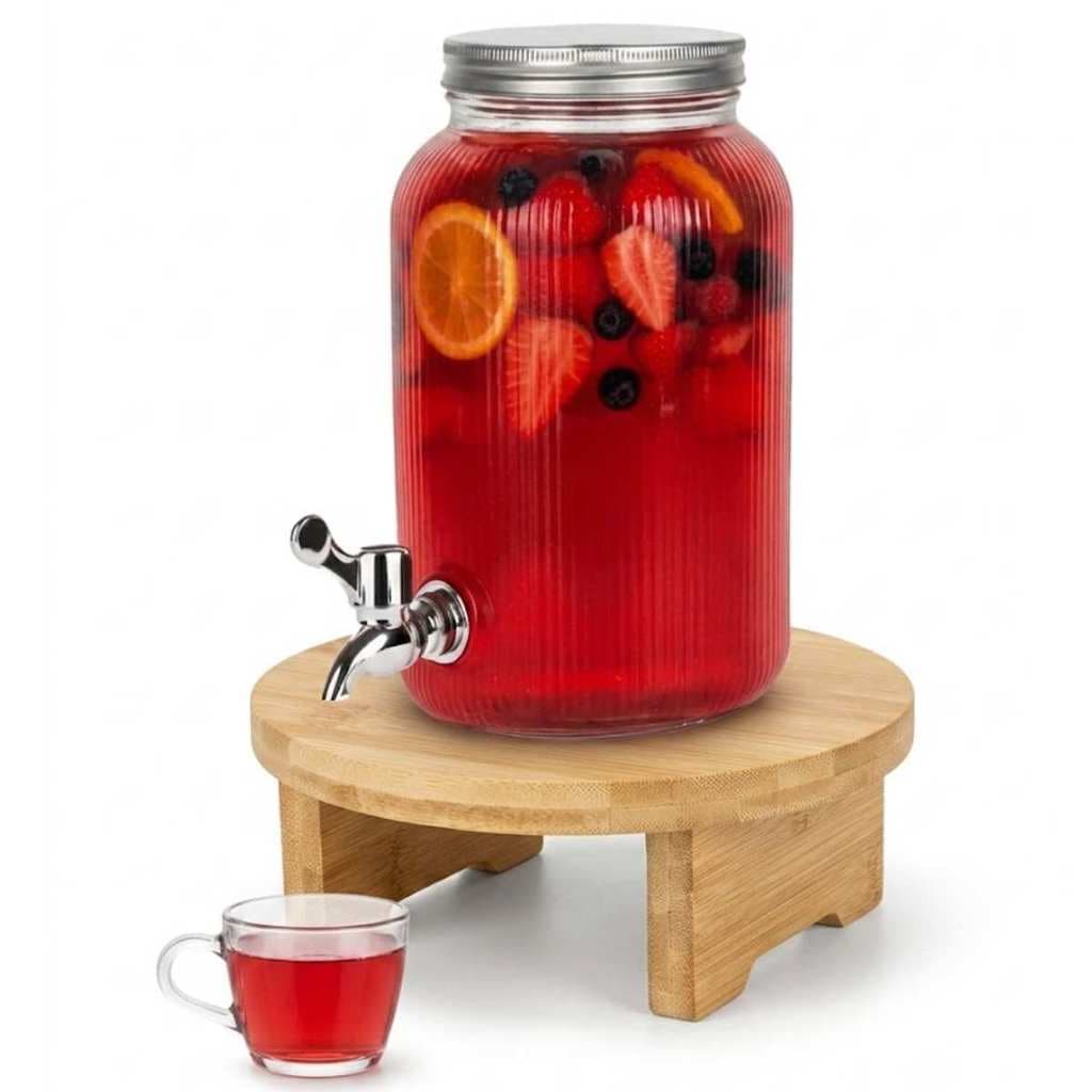 Suqueira Dispenser Vidro Cristal 3l Base Madeira bamboo Luxo com Torneira Retro
