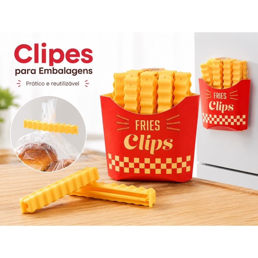 Kit 12 Clipes Vedadores para Embalagens com Suporte Magnético – Formato Batata Frita