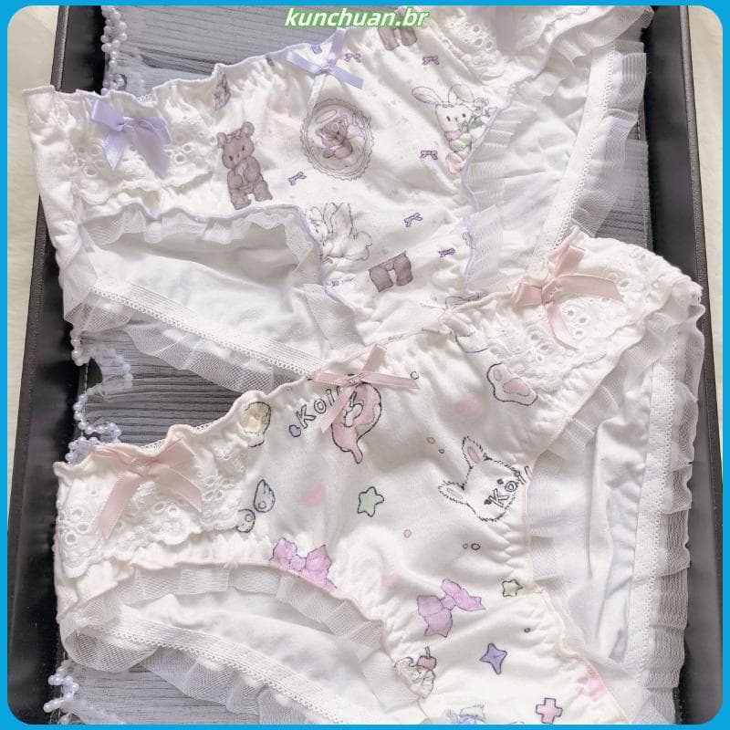 Urso bonito confortável dos desenhos animados impressão japonesa doce menina puro algodão Lolita calcinha bidimensional