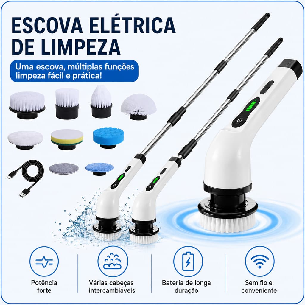 Escova Elétrica Inteligente para Limpeza Doméstica 8 Cabeças Cabo Ajustável Recarregável USB